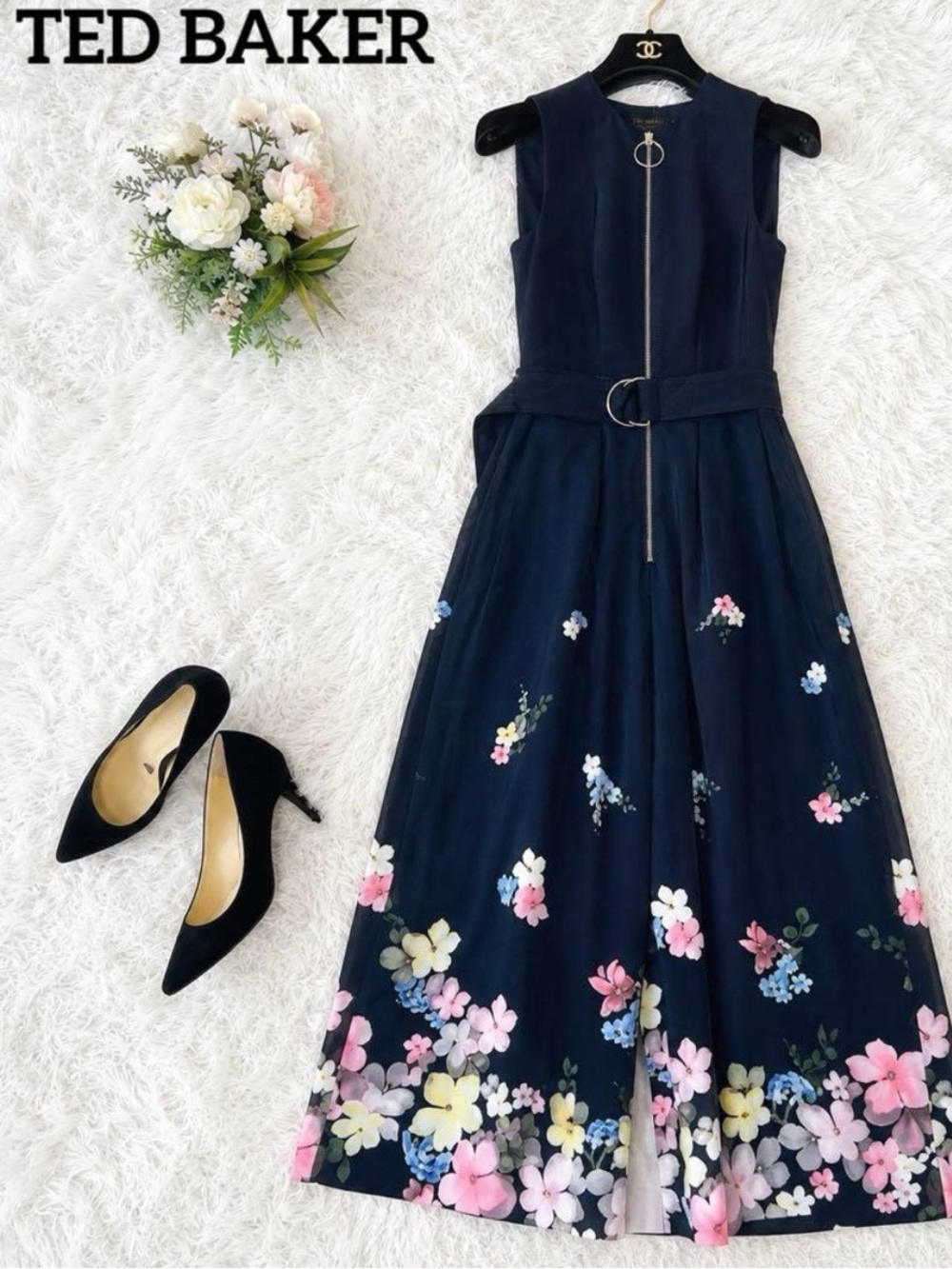 Ted Baker Cosetee Pergola Floral Zip Front Jumpsuit Black Crop Wide Leg Size Med